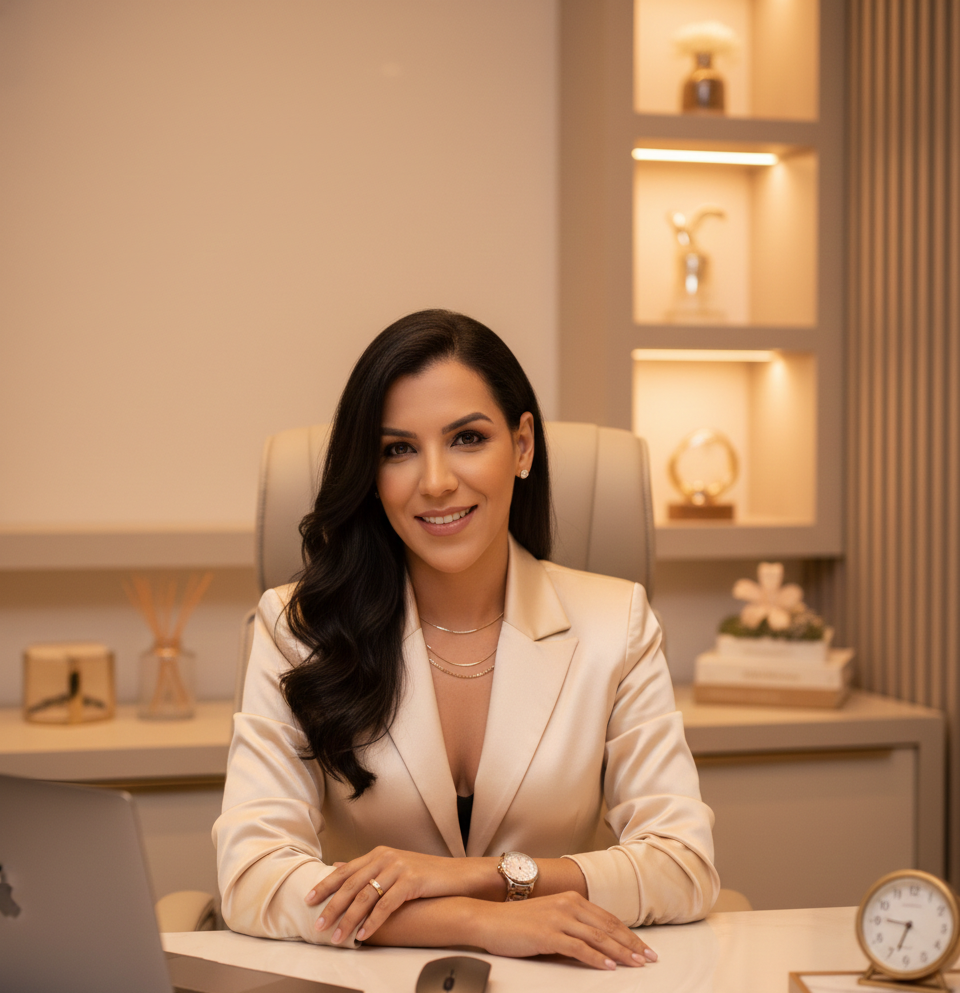 Jackeline Campos em sua clínica, planejando a campanha de vendas